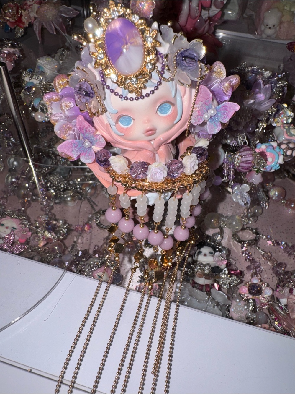 Whimsical Pink & Lavender Skullpanda Doll with Gold Chain Accents